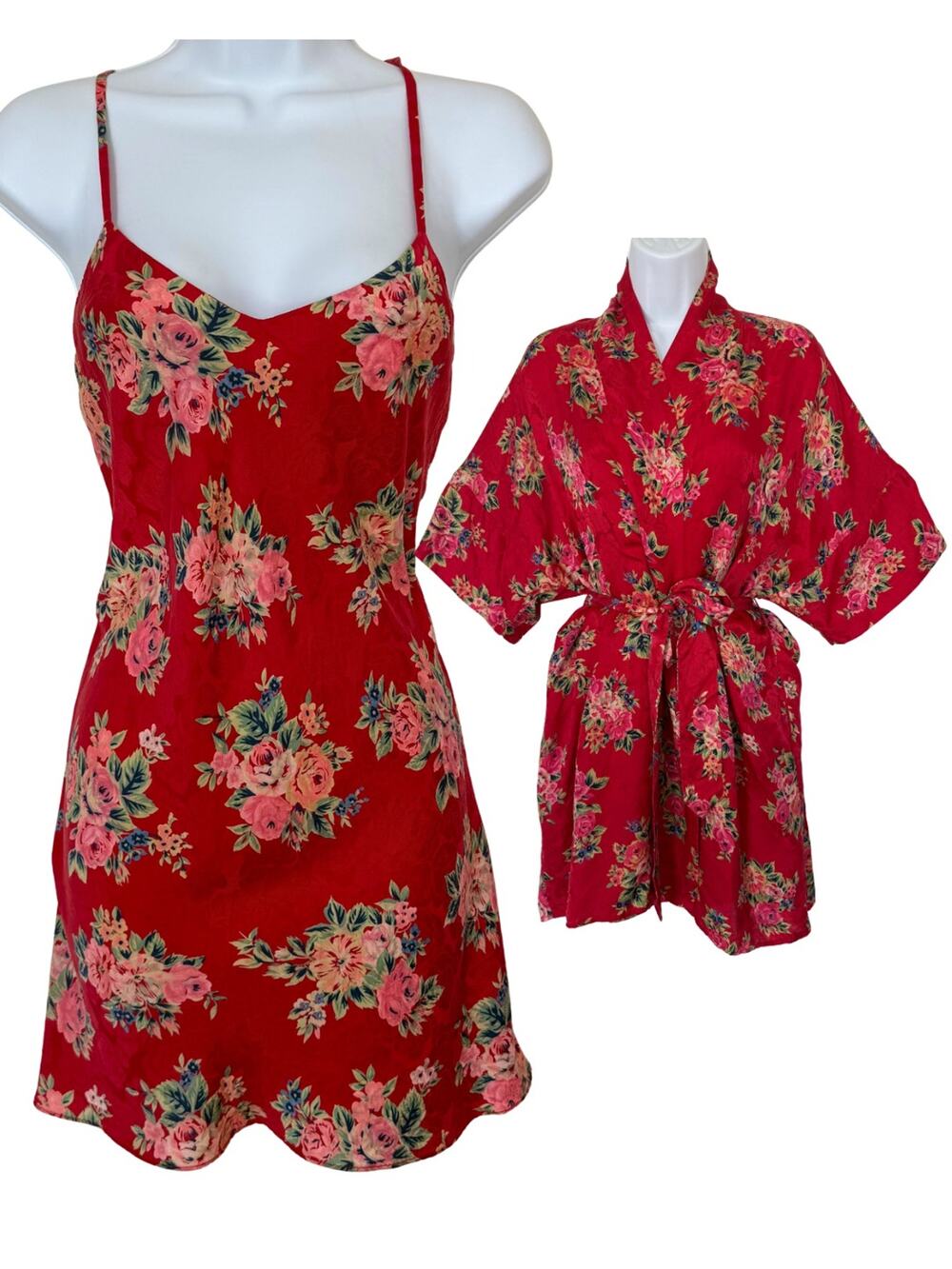 Vintage Red Rose Nightgown Mini Slip Dress Kimono Robe Silk Set Sz S Small Y2K